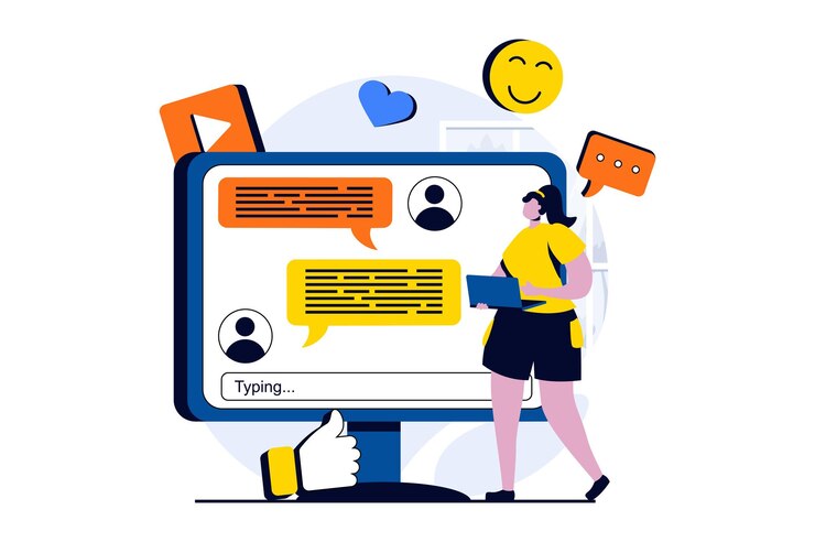 Vector concepto de red social con escena de personas en diseño plano de dibujos animados mujer chateando con amigos le gusta y comenta en publicaciones que comparten contenido digital en línea ilustración vectorial historia visual para web