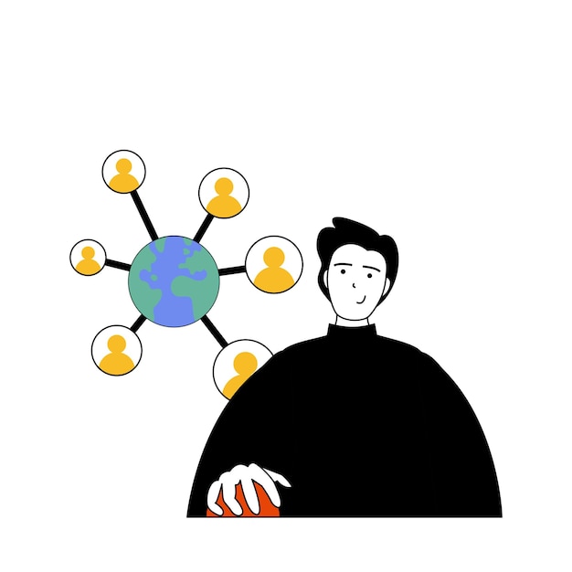 Concepto de red social con gente de dibujos animados en diseño plano para web Hombre conectándose en línea con amigos compartiendo información o publicaciones Ilustración vectorial para material de marketing de banners en redes sociales