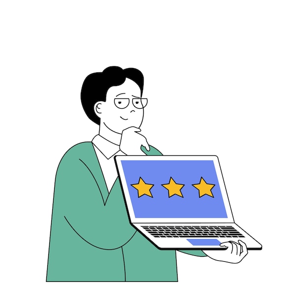 Concepto de red social con gente de dibujos animados en diseño plano para web Hombre creando nuevas publicaciones en blogs y obteniendo comentarios de las mejores estrellas Ilustración vectorial para material de marketing de banners en redes sociales