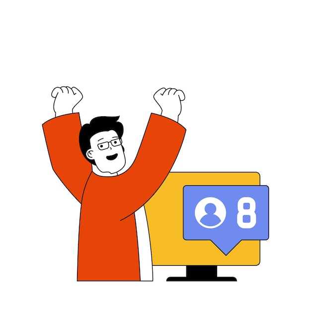 Concepto de red social con gente de dibujos animados en diseño plano para web Hombre desarrollando blogs en línea con publicaciones y atrayendo nuevos seguidores Ilustración vectorial para material de marketing de banners en redes sociales