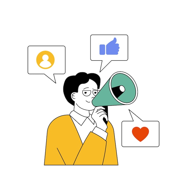 Concepto de red social con gente de dibujos animados en diseño plano para web Hombre con megáfono promocionando blog atrayendo seguidores y me gusta Ilustración vectorial para material de marketing de banner en redes sociales