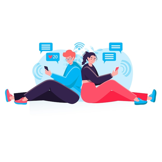 Concepto de red social. El hombre y la mujer envían mensajes y correos electrónicos desde teléfonos inteligentes, la adicción a Internet y la escena del personaje de comunicación en línea. Ilustración de vector de diseño plano con actividades de personas