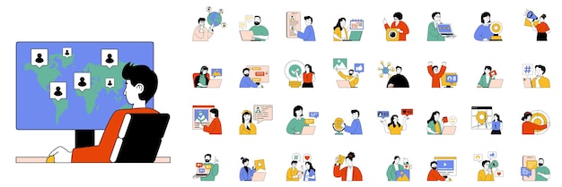 Concepto de red social con personas situaciones mega conjunto en diseño web plano conjuntos de escenas de comunicación global en línea y blogueo ilustraciones vectoriales para materiales de marketing de banner de redes sociales