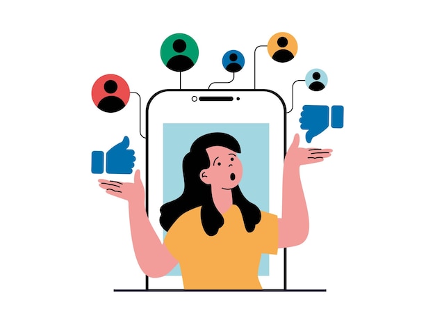 Concepto de red social con situación de personaje La mujer recibe diferentes reacciones de la audiencia a la nueva publicación recopila gustos y disgustos Ilustración vectorial con escena de personas en diseño plano para web