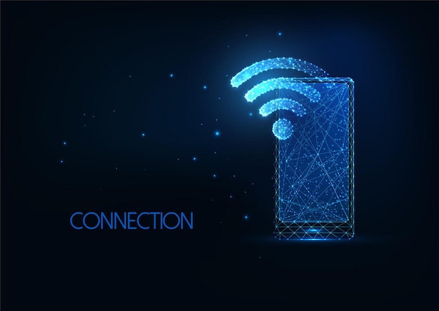 Vector concepto de red wifi futurista con smartphone de polígono bajo brillante y símbolo de wi-fi