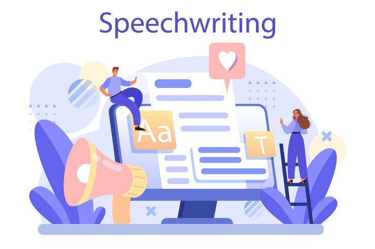 Vector concepto de redacción de discursos orador profesional o periodista escribe un contenido para un anuncio público redactor creando texto para los medios profesión creativa moderna ilustración vectorial plana