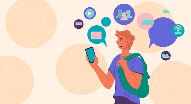 Concepto de redes sociales y conexión inalámbrica en línea a través de Internet con carácter de hombre haciendo videollamadas Comunicación virtual en línea con aplicaciones de teléfono ilustración vectorial plana