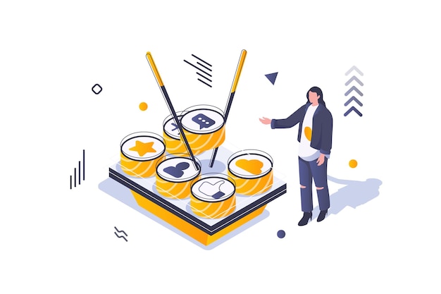 Concepto de redes sociales en diseño isométrico 3d Mujer blogueando en línea tomando sushi y recopilando comentarios de manos y nuevos seguidores Ilustración vectorial con escena de personas isométricas para gráfico web