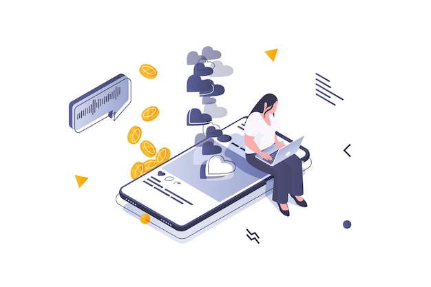 Concepto de redes sociales en diseño isométrico 3d Mujer creando una nueva publicación recopilando muchos me gusta y comentarios y ganando en blog en línea Ilustración vectorial con escena de personas isométricas para gráficos web