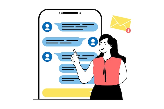 Concepto de redes sociales con escena de personas en diseño web plano Mujer charlando con amigos en la aplicación móvil messenger recibiendo nuevos correos electrónicos Ilustración vectorial para material de marketing de banners en redes sociales