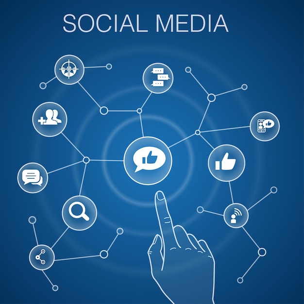 Concepto de redes sociales, fondo azul. íconos de me gusta, compartir, seguir, comentarios