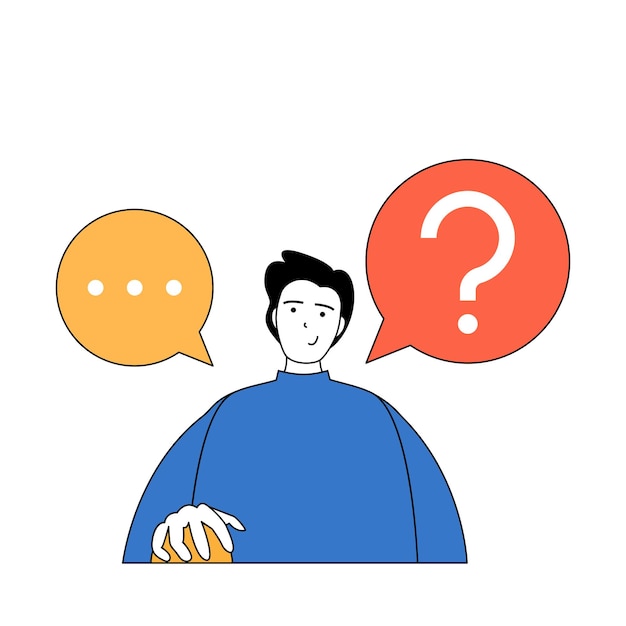 Concepto de redes sociales con gente de dibujos animados en diseño plano para web Hombre con preguntas buscando información y comunicándose en línea Ilustración vectorial para material de marketing de banners en redes sociales