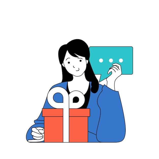 Concepto de redes sociales con gente de dibujos animados en diseño plano para web Mujer atrayendo seguidores en su blog en línea con regalos Ilustración vectorial para material de marketing de banners en redes sociales