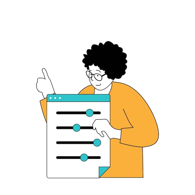 Concepto de redes sociales con gente de dibujos animados en diseño plano para web Mujer haciendo ajustes feeds de perfiles en línea e información personal Ilustración vectorial para material de marketing de banners en redes sociales