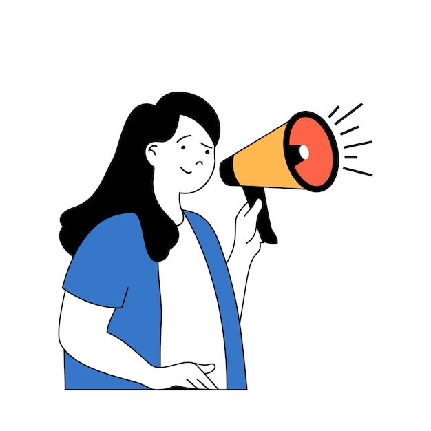 Concepto de redes sociales con gente de dibujos animados en diseño plano para web Mujer con megáfono hace anuncios publicitarios a la audiencia Ilustración vectorial para material de marketing de banners en redes sociales