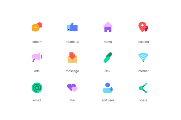 Concepto de redes sociales de iconos web establecidos en diseño plano en color Paquete de comentarios aprobados ubicación de inicio