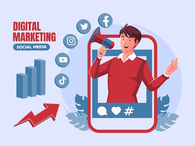 Vector concepto de redes sociales de marketing digital con hombre sosteniendo megáfono