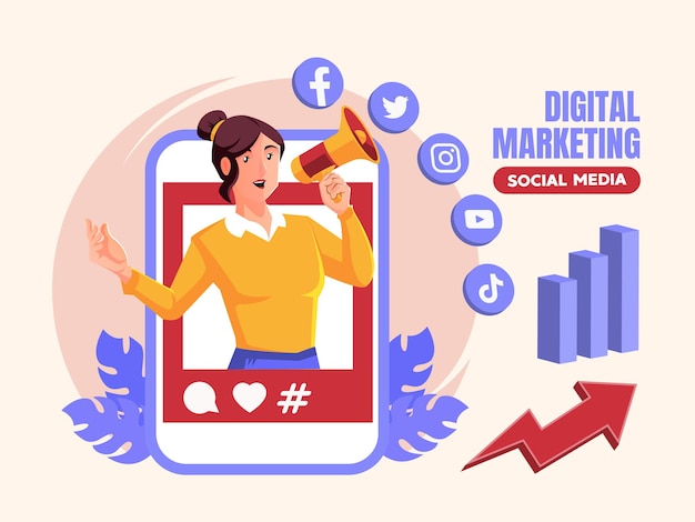 Concepto de redes sociales de marketing digital con mujer sosteniendo megáfono