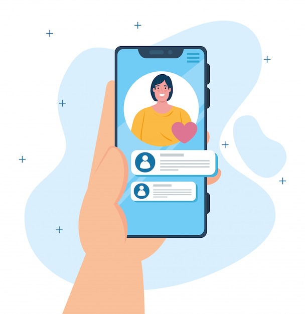 Concepto de redes sociales, notificación de mensajes de chat en el teléfono inteligente, mujer en la pantalla del teléfono móvil con burbujas de discurso