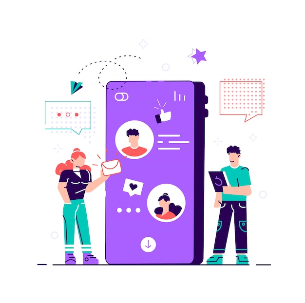 Concepto de redes sociales para una página web, comunicación, redes sociales. Ilustración moderna de estilo para página web, tarjetas, póster, redes sociales. Chateando por teléfono.