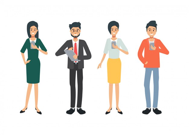 Concepto de redes sociales personas. Grupo de personas de la oficina de carácter. Todos los miembros utilizando la aplicación.