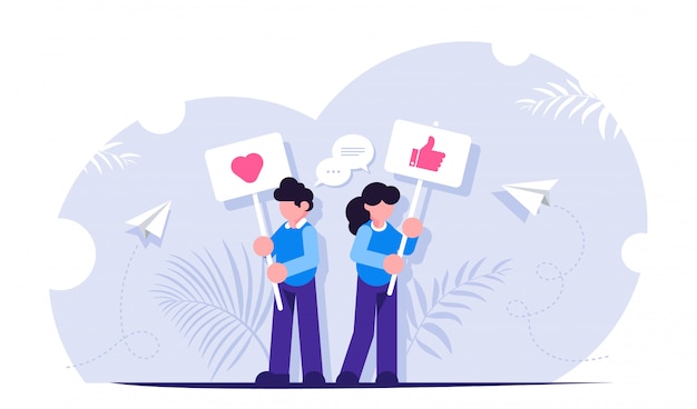 Concepto de redes sociales. Las personas se paran con letreros instando a poner Me gusta. Interactuando con contenido en redes sociales
