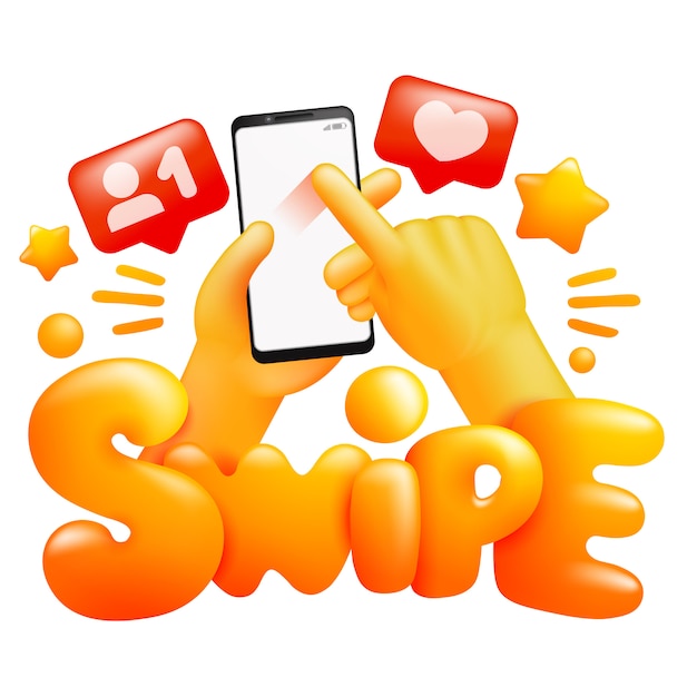 Concepto de redes sociales. Smartphone en manos emoji amarillo. Deslizar signo de gesto. Estilo de dibujos animados 3d
