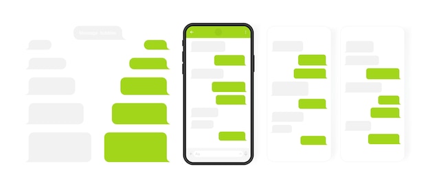 Concepto de redes sociales. Teléfono inteligente con pantalla de chat carrusel messenger. Burbujas de plantilla de SMS para componer diálogos. Ilustración moderna.
