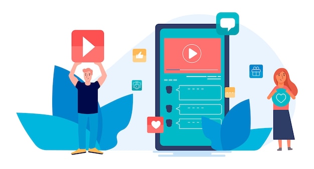 Concepto de redes sociales teléfono inteligente con video y personas en un diseño plano