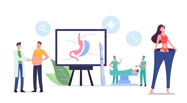 Concepto de reducción de estómago de cirugía bariátrica. Pacientes con sobrepeso Personajes masculinos o femeninos con problemas de peso visitan la clínica para reducir el procedimiento de gastrectomía de estómago. Ilustración de Vector de gente de dibujos animados