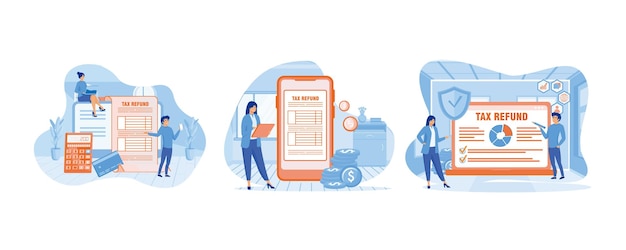 Concepto de reembolso de impuestos reembolso en línea pago de impuestos mujer comprobando el pago de impuestos idea de contabilidad y pago conjunto de vector plano ilustración moderna