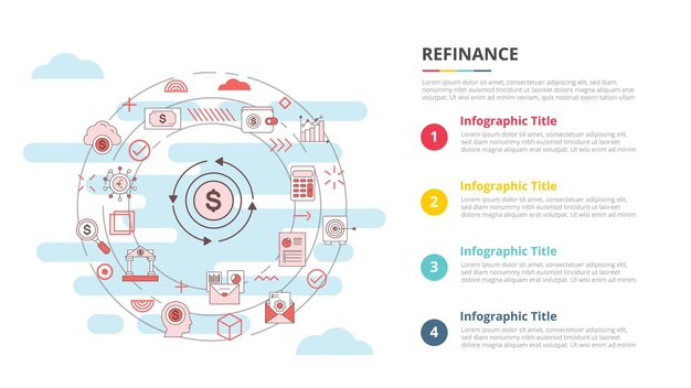 Concepto de refinanciamiento para banner de plantilla de infografía con información de lista de cuatro puntos