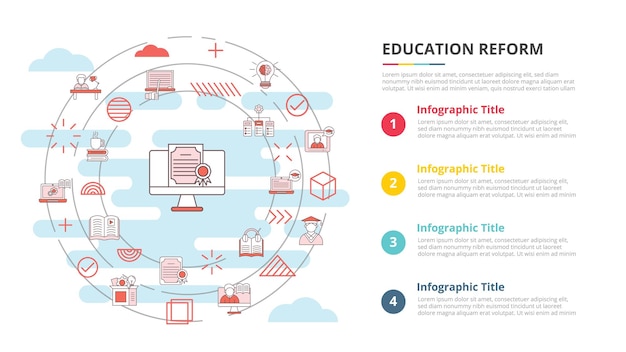 Concepto de reforma educativa para banner de plantilla infográfica con información de lista de cuatro puntos