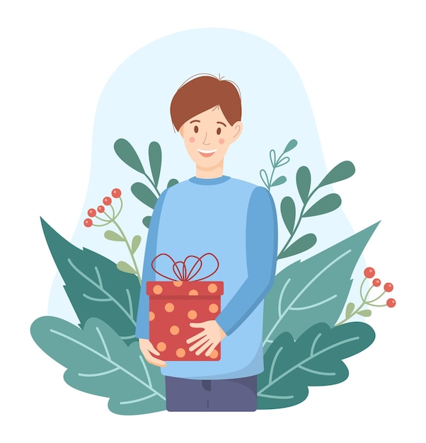 Concepto de regalo de hombre joven en estilo plano ilustración de vector lindo