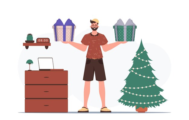 Concepto de regalo para Navidad o año nuevo El chico tiene un regalo en sus manos