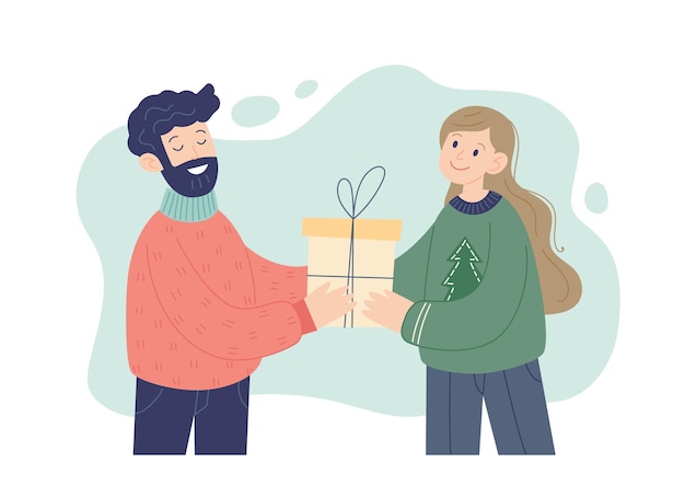 Vector concepto de regalos de navidad mujer dando un regalo a un hombre ilustración vectorial estilo simple