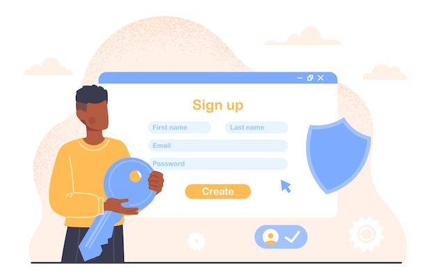 Concepto de registro de hombre Chico joven con llave cerca del sitio web Autorización y autenticación Carácter ingresa nombre de usuario y contraseña Seguridad y protección en Internet Ilustración de vector plano de dibujos animados