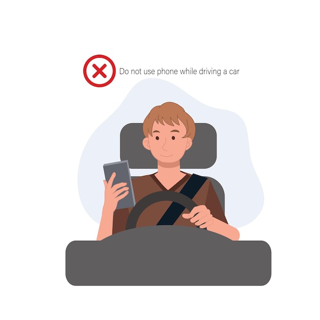 Concepto de reglas de conducción de seguridad Teléfono mientras conduce No use el móvil Un hombre está usando el teléfono mientras conduce un automóvil Ilustración de dibujos animados de vector plano