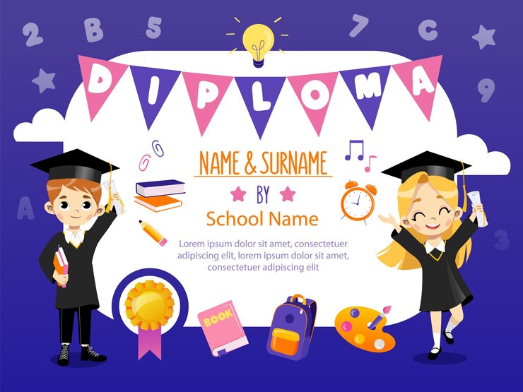 Vector concepto de regreso a la escuela y ceremonia de premios. plantilla de diploma escolar con dos niños y niñas felices sonrientes en vestidos académicos en material escolar de alrededores. estilo plano de dibujos animados.