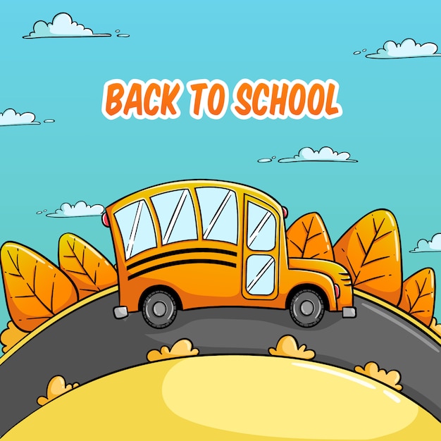 Concepto de regreso a la escuela con ilustración de la escuela de autobuses y tema de otoño