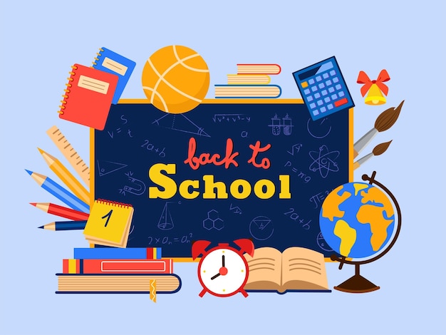 Concepto de regreso a la escuela. Papelería escolar. Plantilla para diseño.