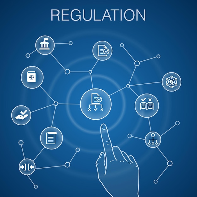 Concepto de regulación, cumplimiento de fondo azul, estándar, directriz, iconos de reglas