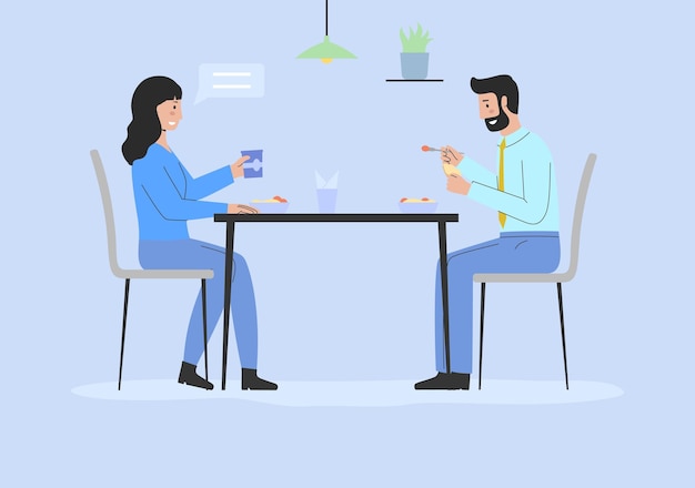 Concepto de relación Pasar tiempo y fecha La gente se sienta en la mesa del café Hombre feliz y mujer enamorada Pasan tiempo juntos comiendo una cena sabrosa en el restaurante de moda Ilustración vectorial plana de dibujos animados