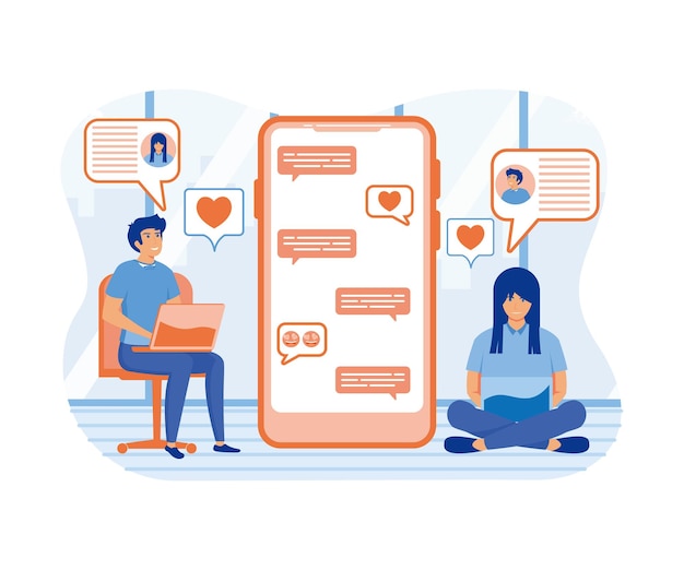 Concepto de relación virtual Mujer y hombre sosteniendo una computadora portátil y charlando en mensajero o red social vector plano ilustración moderna