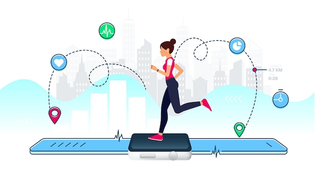 Vector concepto de reloj inteligente para fitness con mujer joven corriendo