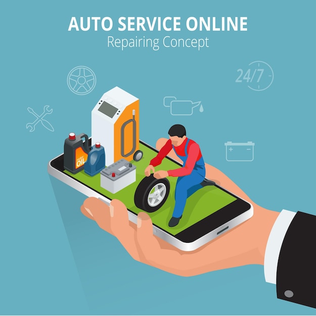 Concepto de reparación de automóviles. Servicio automático en línea. Centro de servicio de reparación de automóviles. Juego plano de servicio de neumáticos con mecánicos de reparación de automóviles. Ilustración de vector isométrico plano 3d