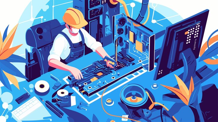 Vector concepto de reparación profesional de placas de circuitos para el mantenimiento y el servicio tecnológico del reparador