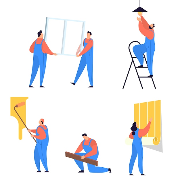 Concepto de reparación de viviendas. Trabajador profesional en uniforme haciendo conjunto de renovación de la casa. Obrero. ilustración