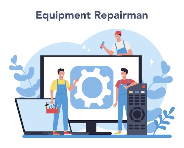 Concepto de reparador. Trabajador profesional en el aparato electrodoméstico eléctrico de reparación uniforme con herramienta. Ocupación de reparador.