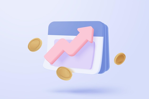 Concepto de representación vectorial de calculadora mínima 3d de gestión financiera cálculo de calculadora de planificación de riesgo financiero con pila de monedas y gráfico de flecha con concepto de vector 3d sobre fondo pastel